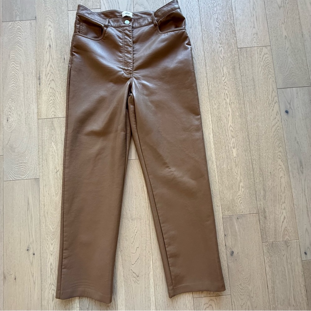Aritzia Straight Leg Faux Leather Pants in Chestnut Brown